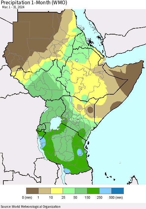 Eastern Africa Precipitation 1-Month (WMO) Thematic Map For 3/1/2024 - 3/31/2024
