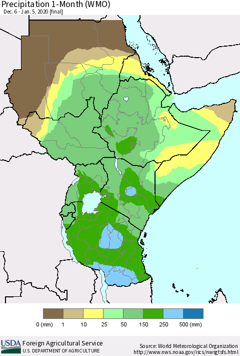 Eastern Africa Precipitation 1-Month (WMO) Thematic Map For 12/6/2019 - 1/5/2020