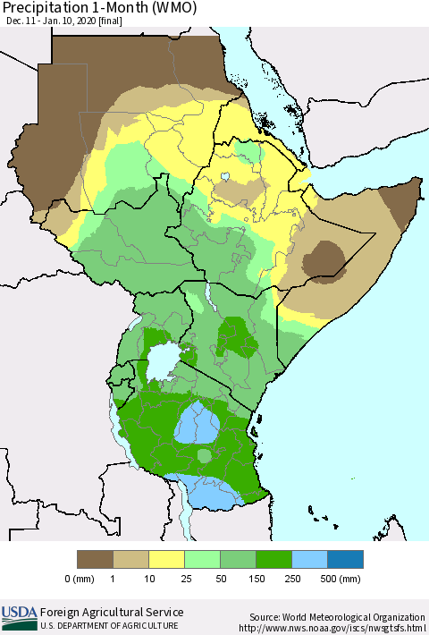 Eastern Africa Precipitation 1-Month (WMO) Thematic Map For 12/11/2019 - 1/10/2020