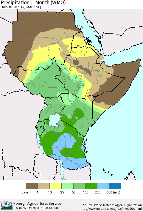 Eastern Africa Precipitation 1-Month (WMO) Thematic Map For 12/16/2019 - 1/15/2020