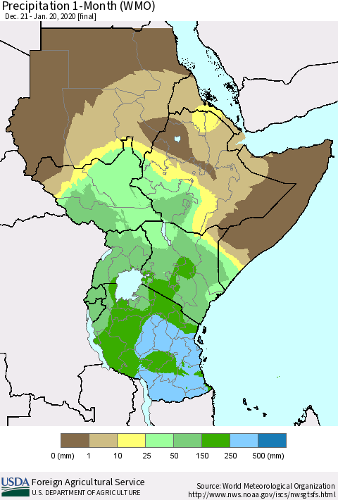 Eastern Africa Precipitation 1-Month (WMO) Thematic Map For 12/21/2019 - 1/20/2020
