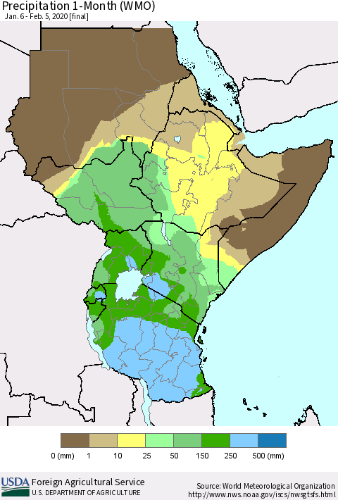Eastern Africa Precipitation 1-Month (WMO) Thematic Map For 1/6/2020 - 2/5/2020