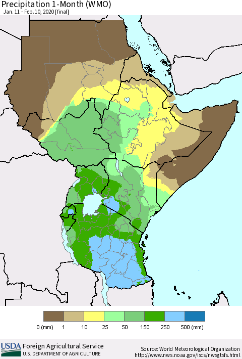 Eastern Africa Precipitation 1-Month (WMO) Thematic Map For 1/11/2020 - 2/10/2020