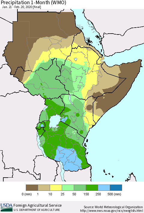 Eastern Africa Precipitation 1-Month (WMO) Thematic Map For 1/21/2020 - 2/20/2020