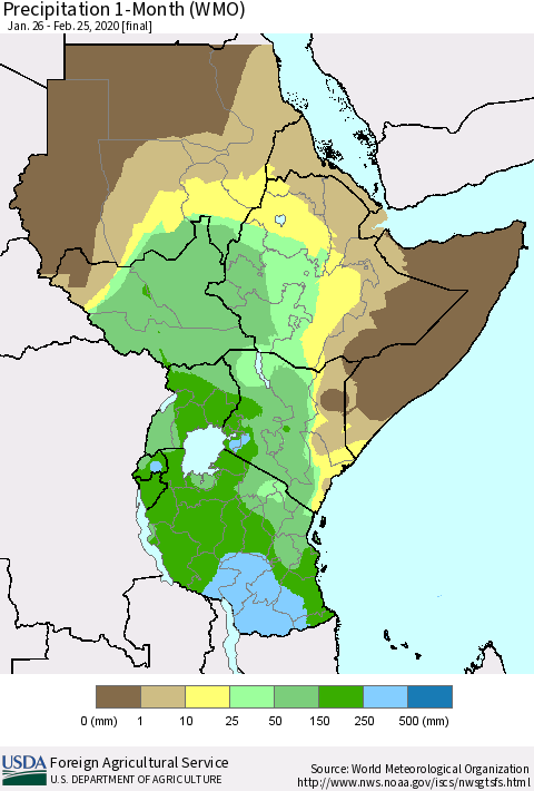 Eastern Africa Precipitation 1-Month (WMO) Thematic Map For 1/26/2020 - 2/25/2020