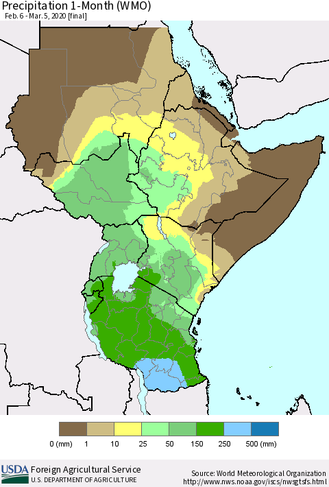 Eastern Africa Precipitation 1-Month (WMO) Thematic Map For 2/6/2020 - 3/5/2020