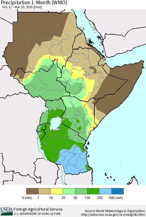 Eastern Africa Precipitation 1-Month (WMO) Thematic Map For 2/11/2020 - 3/10/2020