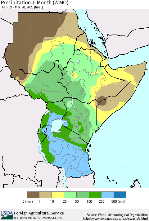 Eastern Africa Precipitation 1-Month (WMO) Thematic Map For 2/21/2020 - 3/20/2020