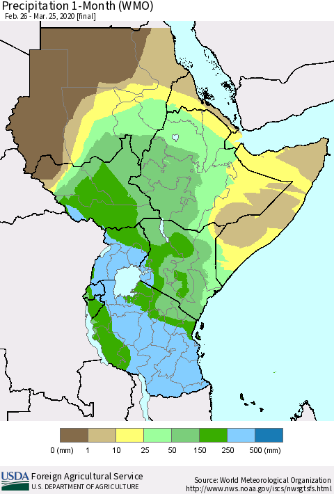 Eastern Africa Precipitation 1-Month (WMO) Thematic Map For 2/26/2020 - 3/25/2020