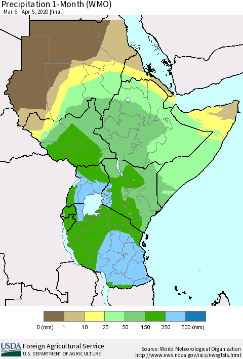 Eastern Africa Precipitation 1-Month (WMO) Thematic Map For 3/6/2020 - 4/5/2020