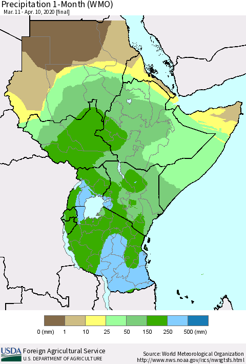 Eastern Africa Precipitation 1-Month (WMO) Thematic Map For 3/11/2020 - 4/10/2020