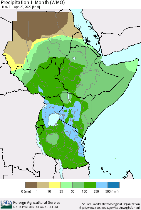 Eastern Africa Precipitation 1-Month (WMO) Thematic Map For 3/21/2020 - 4/20/2020