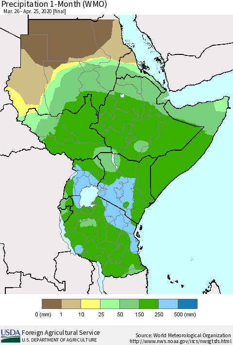 Eastern Africa Precipitation 1-Month (WMO) Thematic Map For 3/26/2020 - 4/25/2020