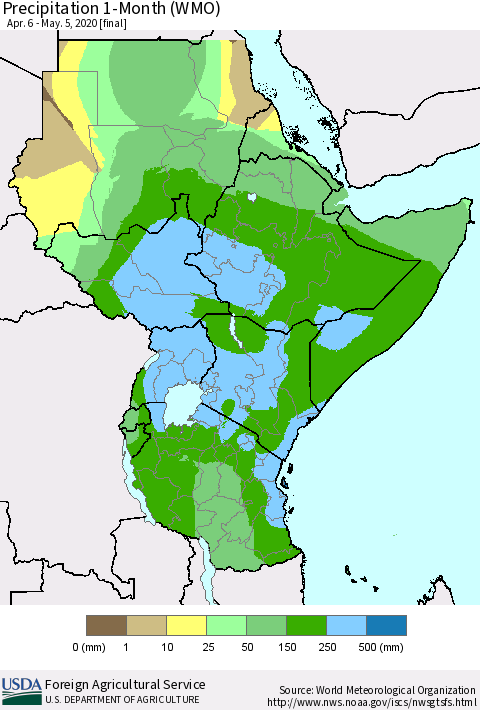 Eastern Africa Precipitation 1-Month (WMO) Thematic Map For 4/6/2020 - 5/5/2020
