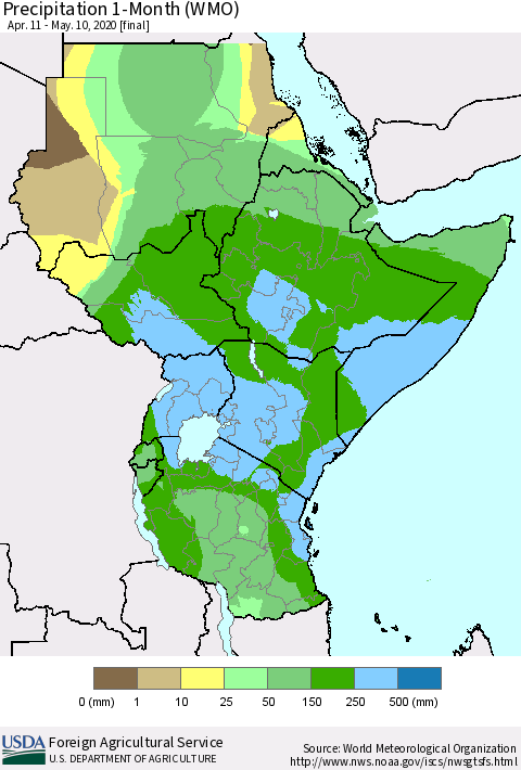 Eastern Africa Precipitation 1-Month (WMO) Thematic Map For 4/11/2020 - 5/10/2020
