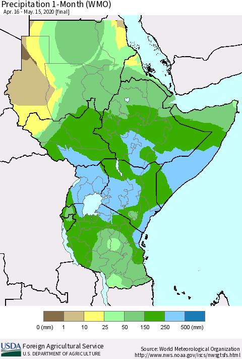 Eastern Africa Precipitation 1-Month (WMO) Thematic Map For 4/16/2020 - 5/15/2020