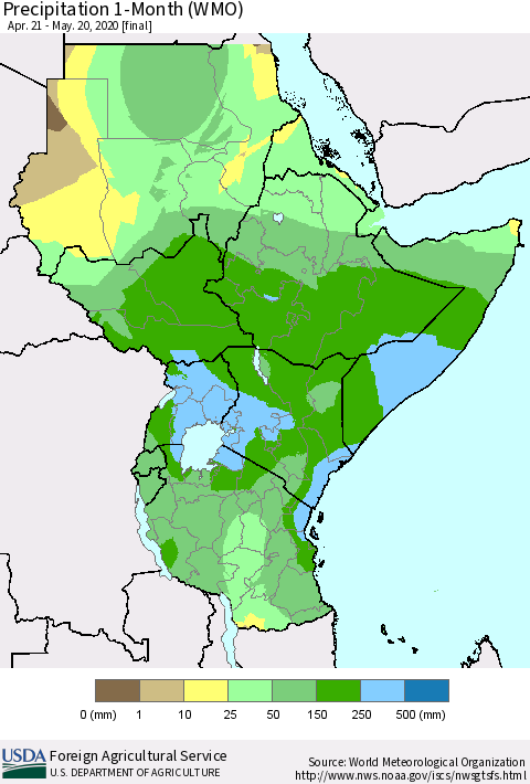 Eastern Africa Precipitation 1-Month (WMO) Thematic Map For 4/21/2020 - 5/20/2020