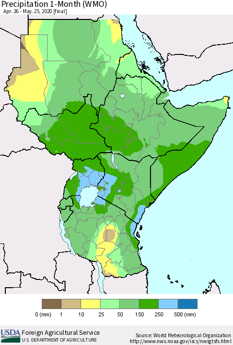 Eastern Africa Precipitation 1-Month (WMO) Thematic Map For 4/26/2020 - 5/25/2020