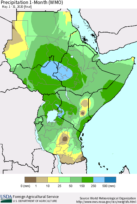 Eastern Africa Precipitation 1-Month (WMO) Thematic Map For 5/1/2020 - 5/31/2020