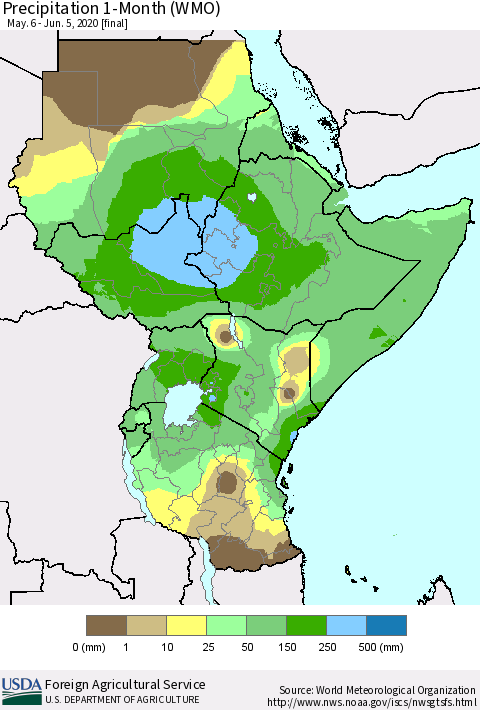 Eastern Africa Precipitation 1-Month (WMO) Thematic Map For 5/6/2020 - 6/5/2020