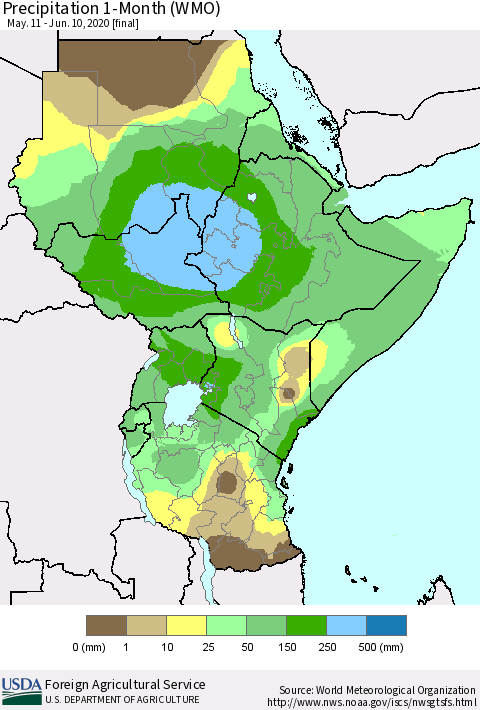 Eastern Africa Precipitation 1-Month (WMO) Thematic Map For 5/11/2020 - 6/10/2020