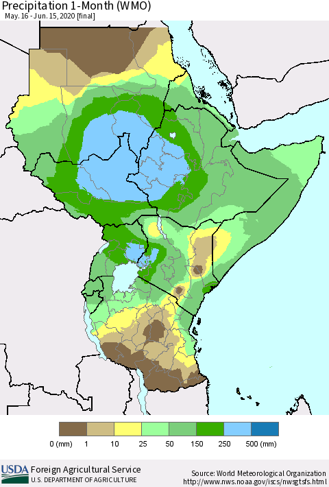 Eastern Africa Precipitation 1-Month (WMO) Thematic Map For 5/16/2020 - 6/15/2020
