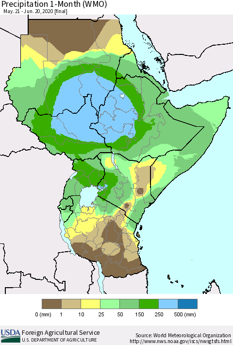 Eastern Africa Precipitation 1-Month (WMO) Thematic Map For 5/21/2020 - 6/20/2020