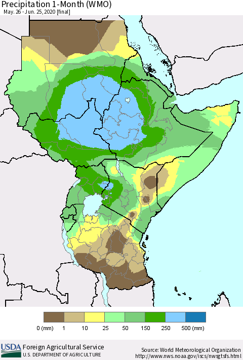 Eastern Africa Precipitation 1-Month (WMO) Thematic Map For 5/26/2020 - 6/25/2020