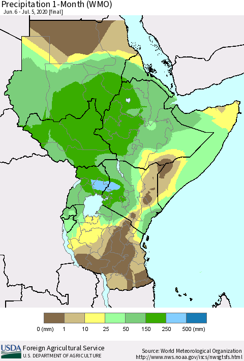 Eastern Africa Precipitation 1-Month (WMO) Thematic Map For 6/6/2020 - 7/5/2020