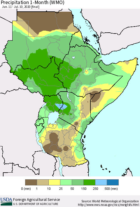 Eastern Africa Precipitation 1-Month (WMO) Thematic Map For 6/11/2020 - 7/10/2020
