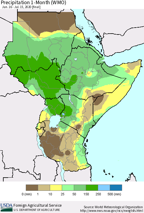 Eastern Africa Precipitation 1-Month (WMO) Thematic Map For 6/16/2020 - 7/15/2020