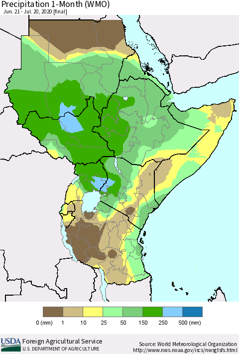 Eastern Africa Precipitation 1-Month (WMO) Thematic Map For 6/21/2020 - 7/20/2020