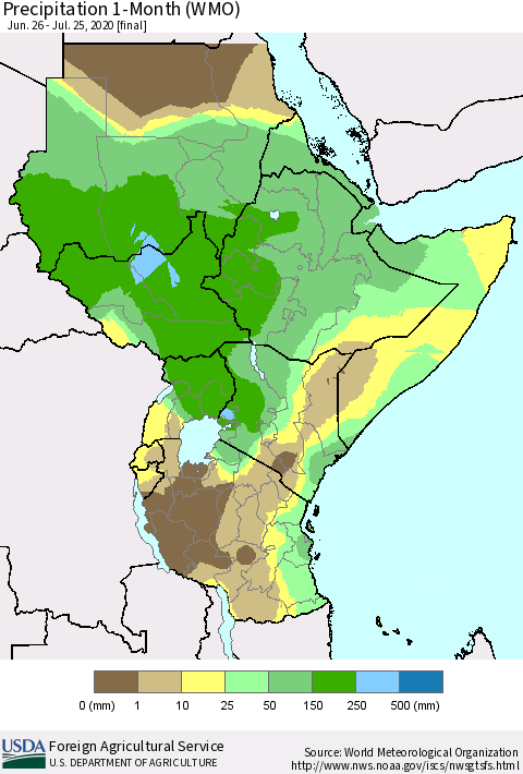 Eastern Africa Precipitation 1-Month (WMO) Thematic Map For 6/26/2020 - 7/25/2020