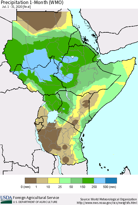 Eastern Africa Precipitation 1-Month (WMO) Thematic Map For 7/1/2020 - 7/31/2020