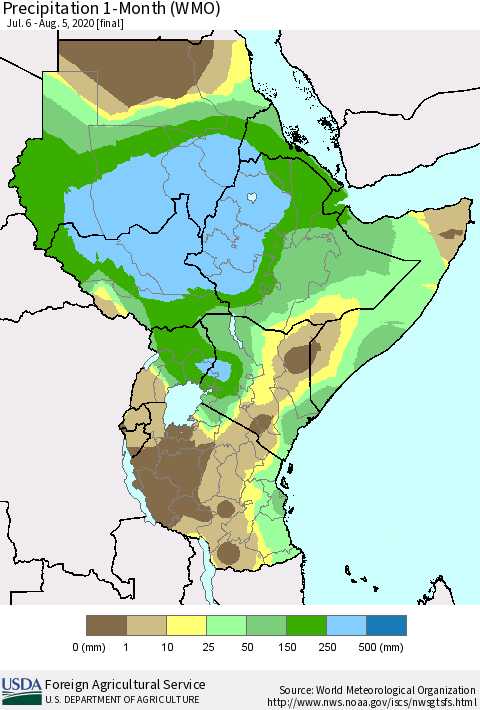 Eastern Africa Precipitation 1-Month (WMO) Thematic Map For 7/6/2020 - 8/5/2020