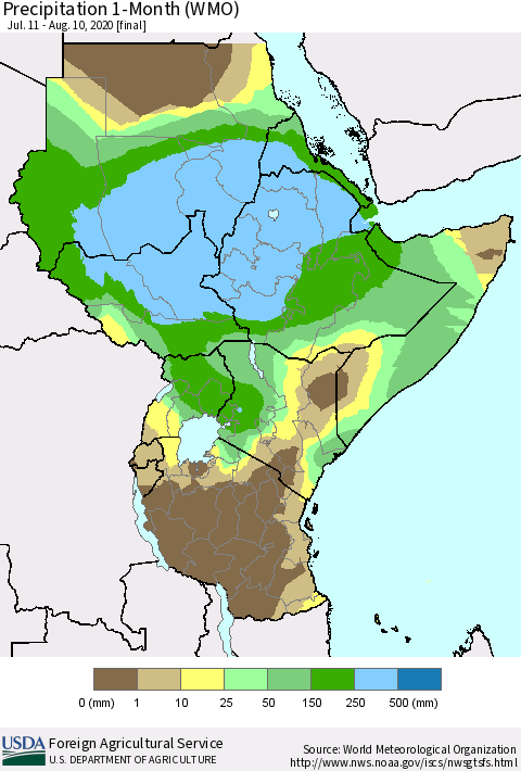 Eastern Africa Precipitation 1-Month (WMO) Thematic Map For 7/11/2020 - 8/10/2020