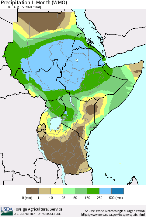 Eastern Africa Precipitation 1-Month (WMO) Thematic Map For 7/16/2020 - 8/15/2020
