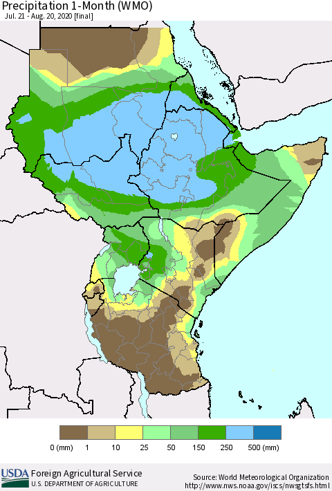 Eastern Africa Precipitation 1-Month (WMO) Thematic Map For 7/21/2020 - 8/20/2020