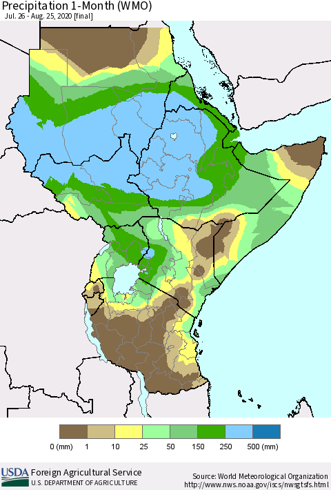 Eastern Africa Precipitation 1-Month (WMO) Thematic Map For 7/26/2020 - 8/25/2020