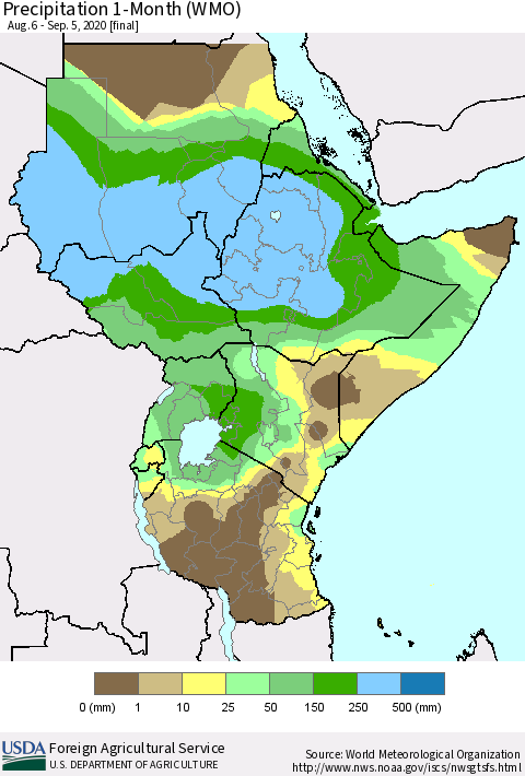 Eastern Africa Precipitation 1-Month (WMO) Thematic Map For 8/6/2020 - 9/5/2020