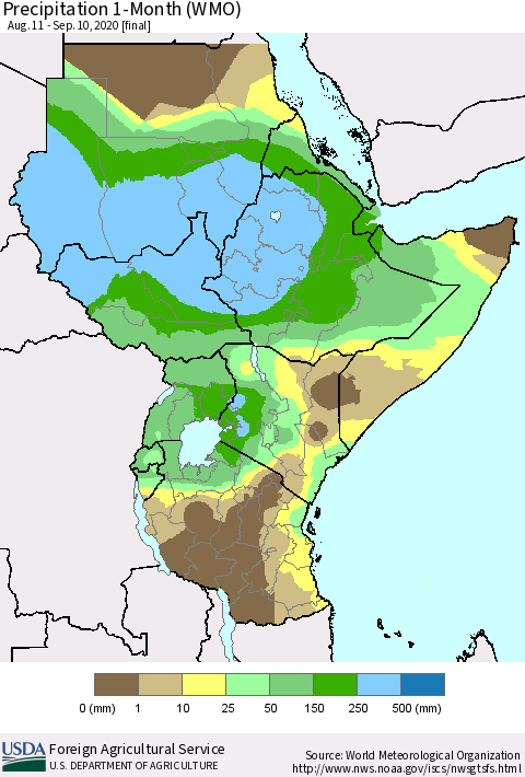 Eastern Africa Precipitation 1-Month (WMO) Thematic Map For 8/11/2020 - 9/10/2020