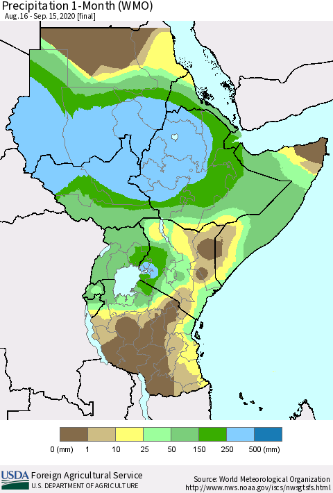 Eastern Africa Precipitation 1-Month (WMO) Thematic Map For 8/16/2020 - 9/15/2020