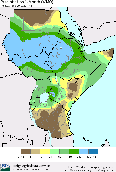 Eastern Africa Precipitation 1-Month (WMO) Thematic Map For 8/21/2020 - 9/20/2020