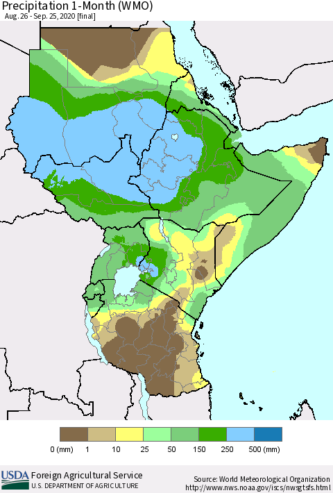 Eastern Africa Precipitation 1-Month (WMO) Thematic Map For 8/26/2020 - 9/25/2020