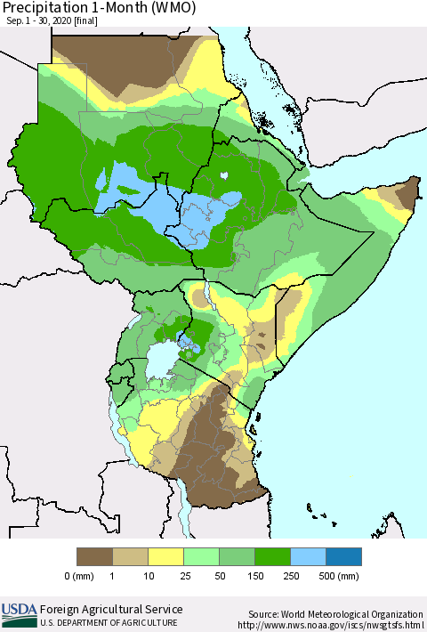 Eastern Africa Precipitation 1-Month (WMO) Thematic Map For 9/1/2020 - 9/30/2020
