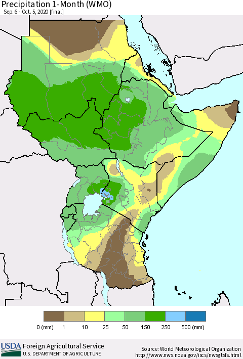 Eastern Africa Precipitation 1-Month (WMO) Thematic Map For 9/6/2020 - 10/5/2020