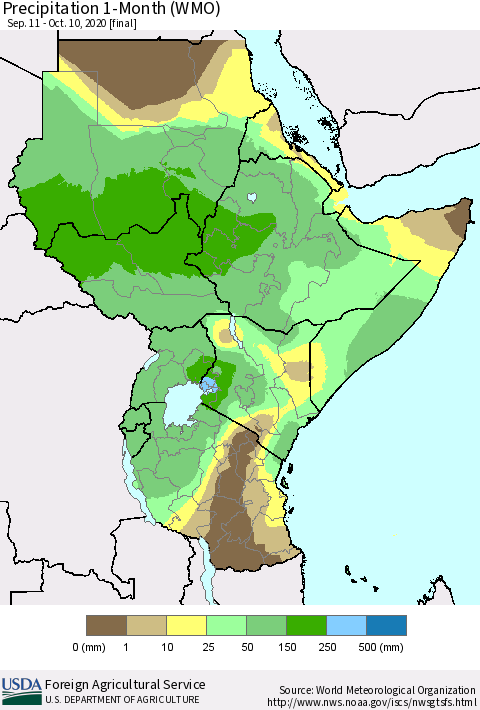 Eastern Africa Precipitation 1-Month (WMO) Thematic Map For 9/11/2020 - 10/10/2020