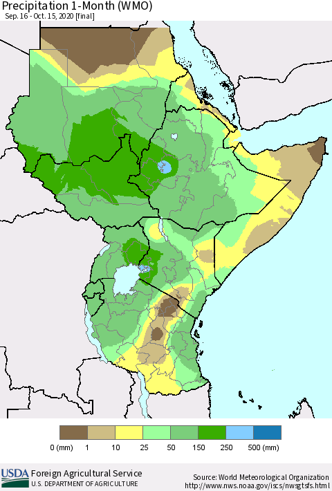 Eastern Africa Precipitation 1-Month (WMO) Thematic Map For 9/16/2020 - 10/15/2020