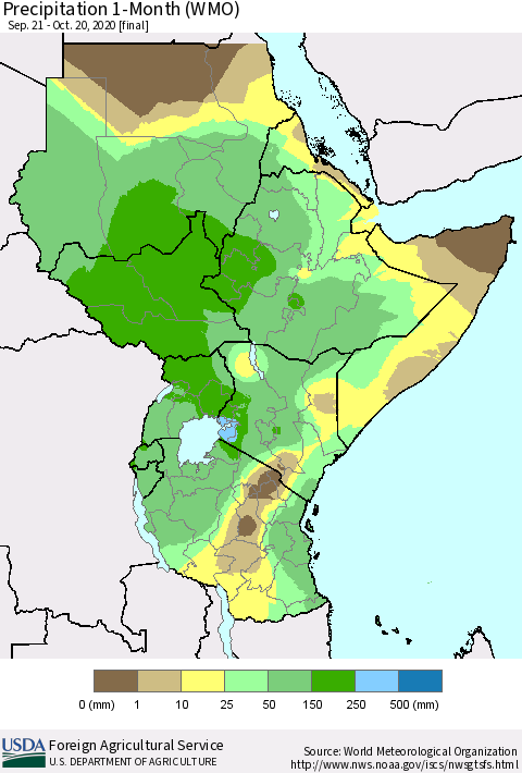Eastern Africa Precipitation 1-Month (WMO) Thematic Map For 9/21/2020 - 10/20/2020