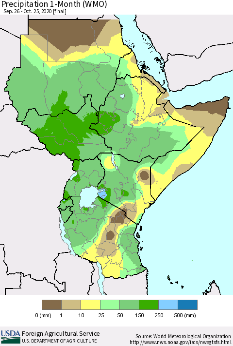 Eastern Africa Precipitation 1-Month (WMO) Thematic Map For 9/26/2020 - 10/25/2020